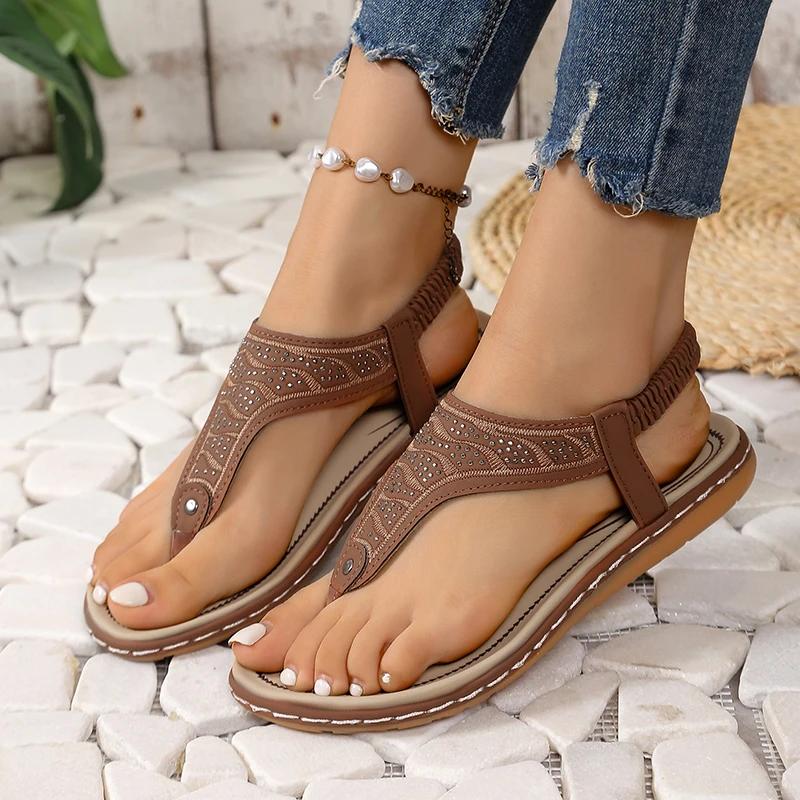 Mode 2024 Übergröße Damen Schuhe Zehentrenner Damen Sandalen Outdoor Freizeit Sandalen Damen Kristall Runde Zehenpartie Keil Elastikband Schuhe Damen