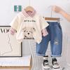 Children's Set Boys' Long Sleeved Striped Shirt Cartoon Dog Top Casual Denim Pants Boys' Fashionable Three Piece Set