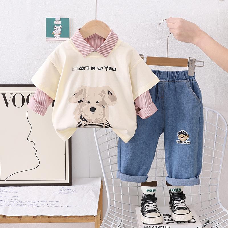 Children's Set Boys' Long Sleeved Striped Shirt Cartoon Dog Top Casual Denim Pants Boys' Fashionable Three Piece Set