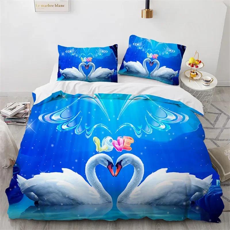 Couple Swan Duvet Cover King Queen For Girls Teen Room Decor Microfiber Romantic Flower Bedding Set Wild Animals Comforter Cover