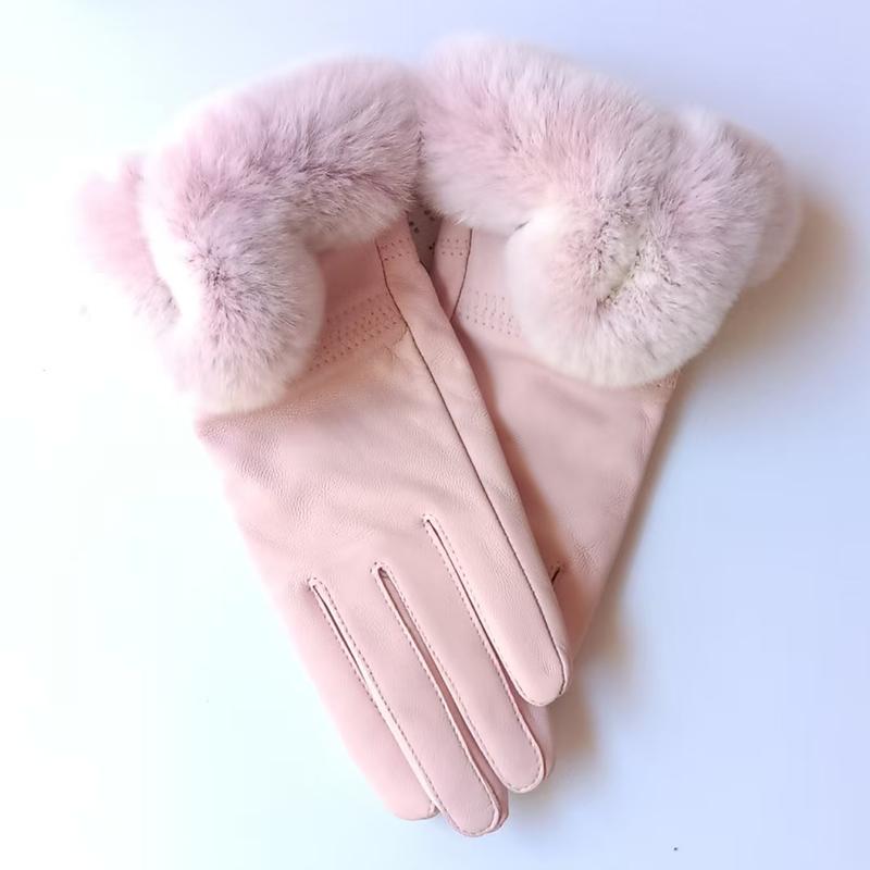 Women Winter Genuine Sheepskin Leather Glove With Rex Rabbit Fur Cuff Warm Winter Female Genuine Leather Gloves Hand Warmer