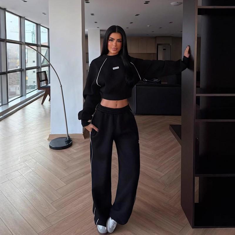 Suit Women's Clothing Fashionable Lines Letters Short Waist Hoodie Trousers Two-piece Set