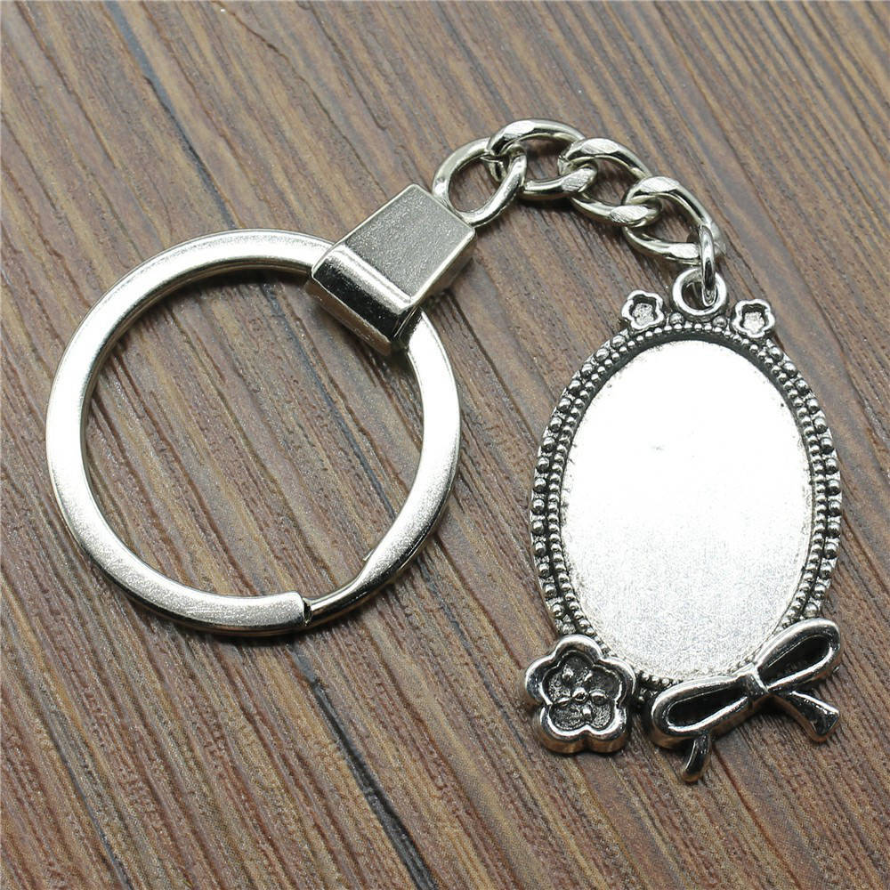 Heart Elliptical Glass Cabochon Base Setting Tray Blank Antique Bronze Metal Keychain for Family Gift