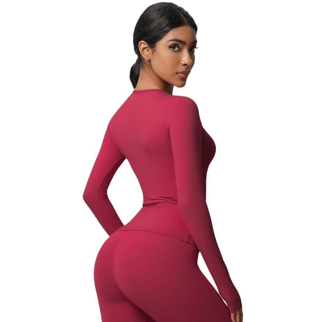 European-American Slim Fit Long Sleeve Yoga Top - Nude, Brushed Feel, Round Neck, High-Intensity Running & Fitness Wear