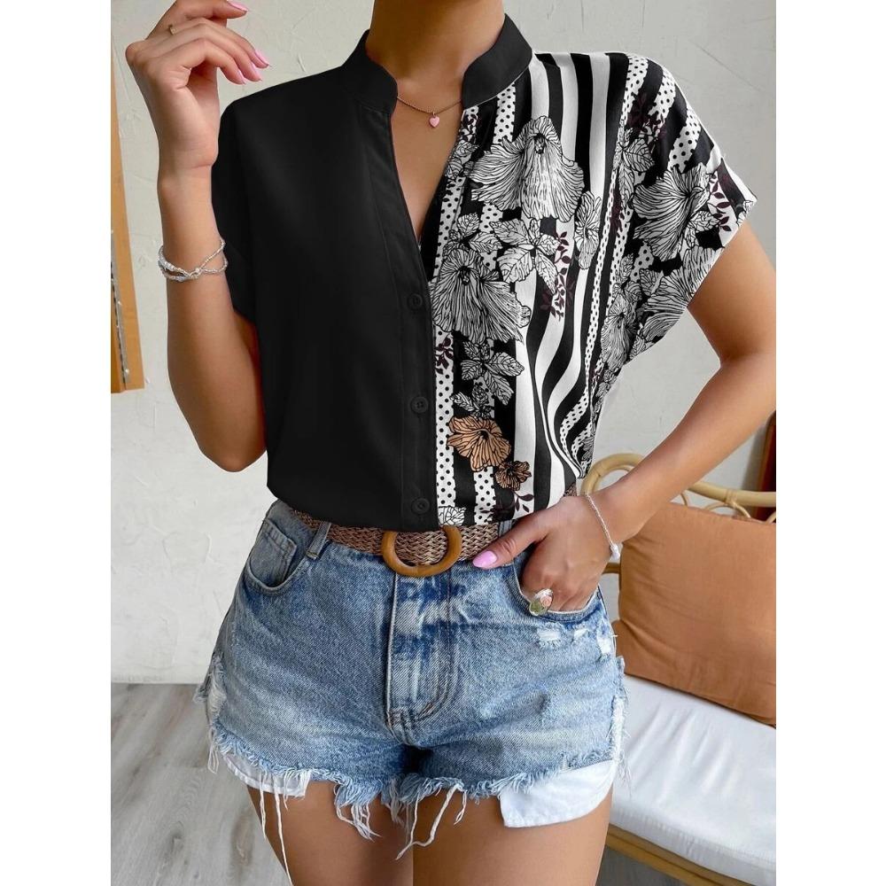 Elegante Mode Gestreifte Floral Bedruckte V-Ausschnitt Kurzarm Street Knopfleisten Hemden 2025 Sommer Lässiges Lockeres Oberteil Bluse Damen Blusas