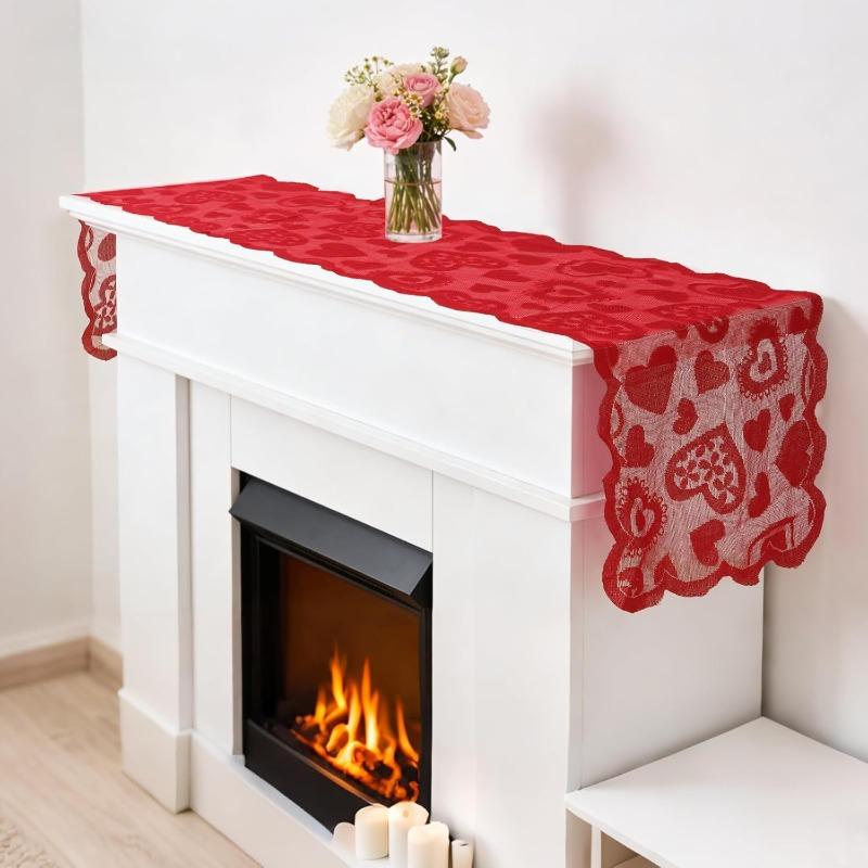Valentine's Day Table Runner Placemat - Heart Lace Table Cloth Heat Insulation Pad for Romantic Holiday Party Dining Table