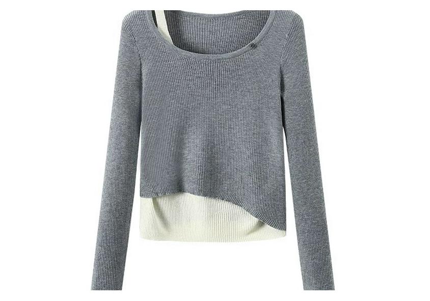 2026 Spring Women's Asymmetrical Patchwork Ribbed Knit Sweater - Slimming Two-Piece Look