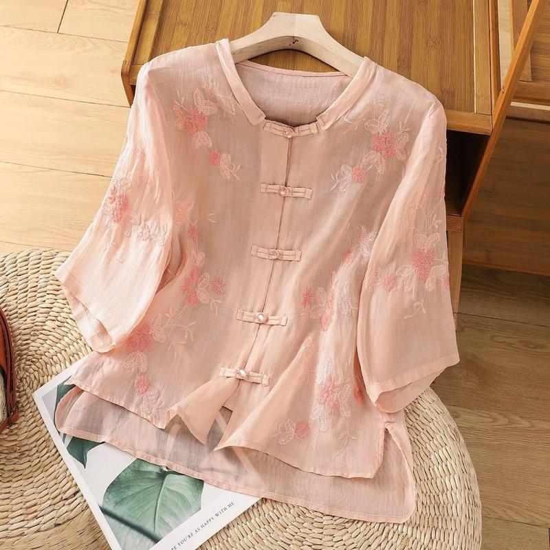 

Women s Chinese Style Linen Blouse Floral Embroidery Frog Button 3/4 Sleeve Casual Top L рожевий
