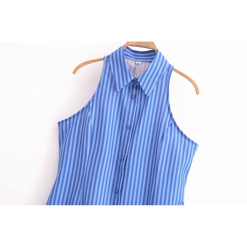 Kaslead New Arrival Women's Clothing Fashion Style Fashion Minimalist Stripes Shirt Collar Sleeveless Shoelace Dress