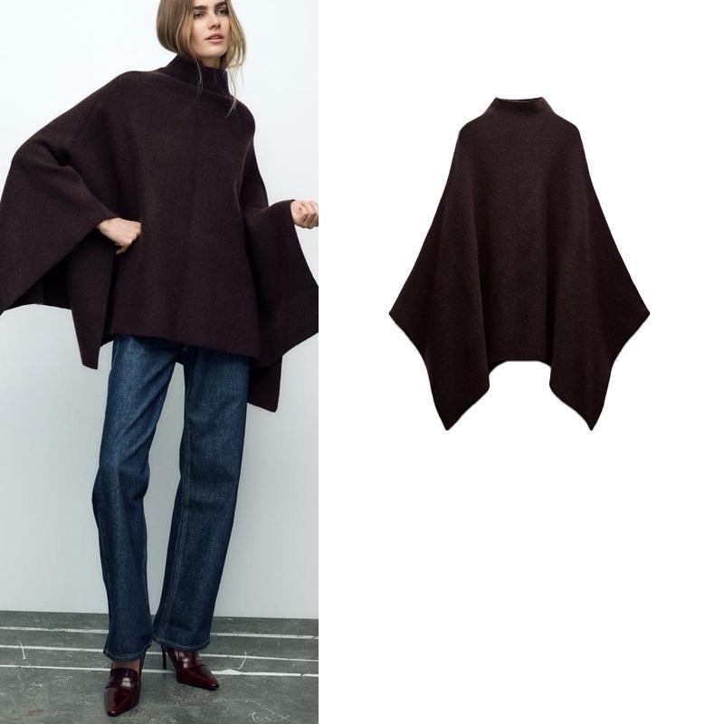 Autumn and Winter New Women Clothes Western Style Blended Fabric Asymmetric Stand Collar Knitted Cape Coat 3739027