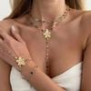 Ingemark Trendy Colorful Crystal Long Y-Shaped Necklace Metal Flower Bracelet Collarbone Chain Summer Party Bohemian Jewelry Set