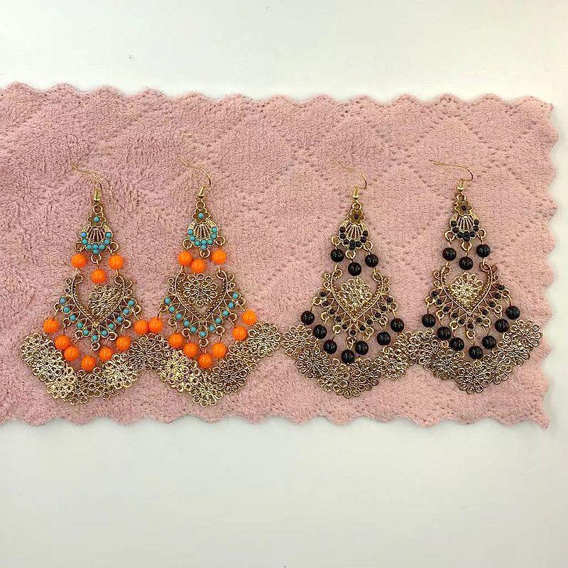 Vintage European & American Style Fan-Shaped Petal Tassel Earrings with Water Drop Oil Painting Flower Design