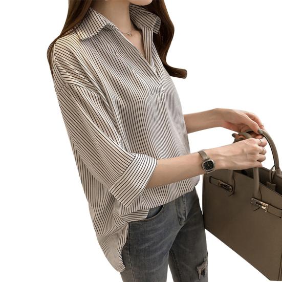 Plus Size Summer Casual Women Striped Lapel V Neck 3/4 Sleeve Loose Shirt Blouse