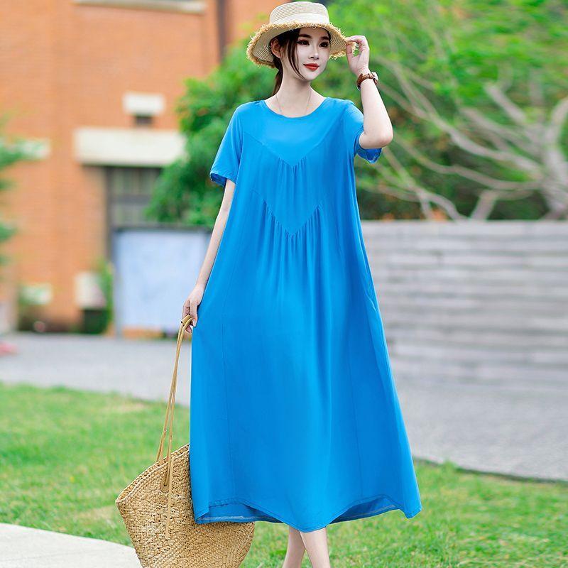 

Летнее женское платье большого размера Свободное с круглым вырезом Цветочное платье Мягкое, приятное для кожи, дышащее Длинное платье XL синий