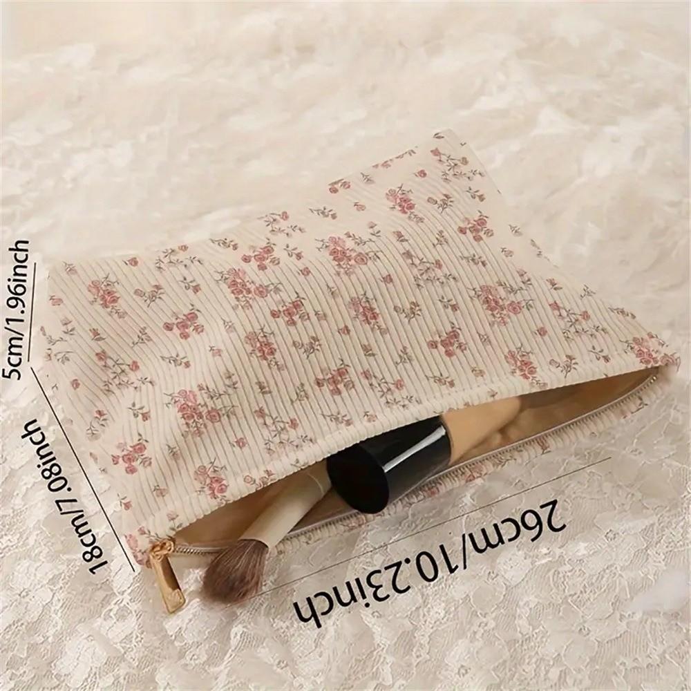 New Portable Floral Cosmetic Bag Corduroy Lightweight Zipper Makeup Organizer Multifunctional Large Capacity Storage Bag Travel