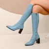 Patent Leather Block Heel High Boots Fall  New Square Toe Spliced Side Zip Soft Slip Single