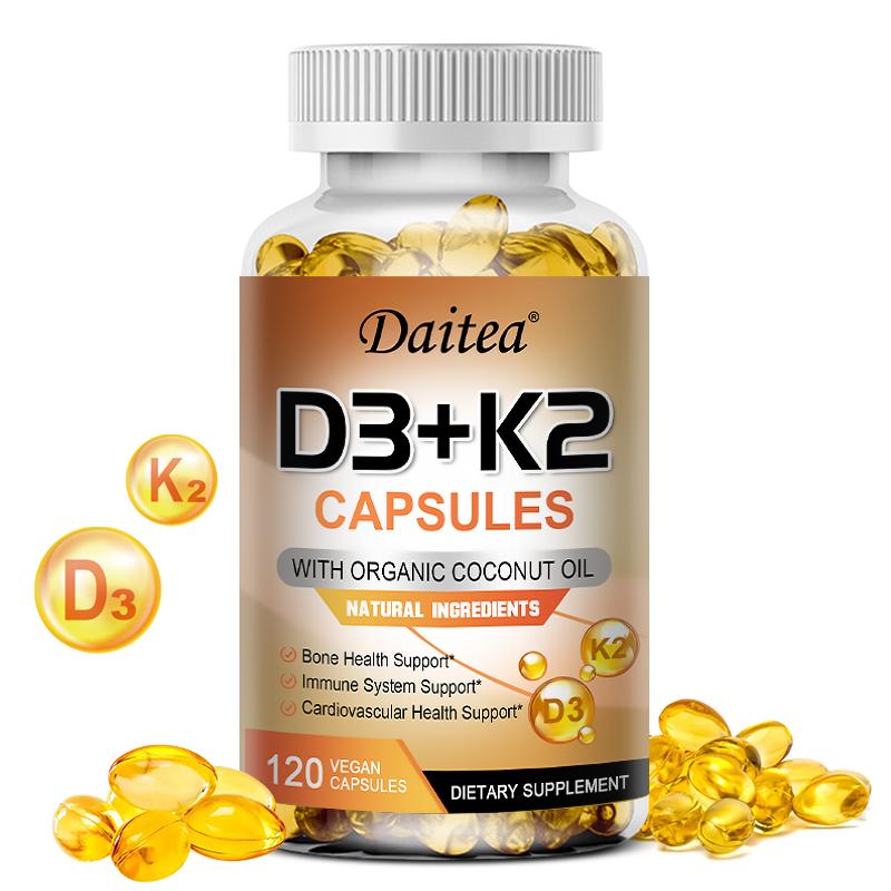Vitamin D3 5000 IE + K2 MK-7 Kapseln mit Bio-Kokosöl, Vegan, GVO-frei, Glutenfrei, 120 Kapseln