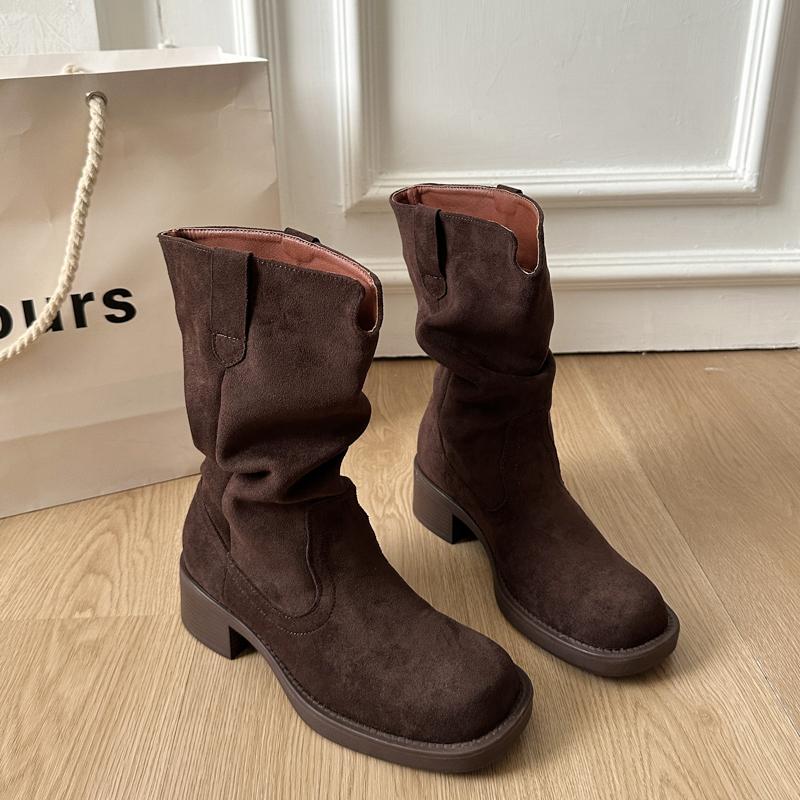 Autumn Winter Suede Woman Western Ankle Boots Comfort Slip On Shoes Female Vintage Thick Heel Short Booties  De Muje
