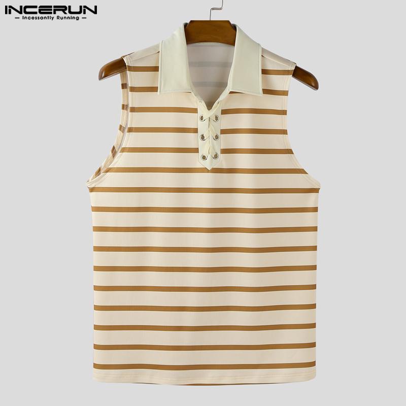 INCERUN Men Lapel Collar Sleeveless Stitching Striped Casual Loose Tank Tops