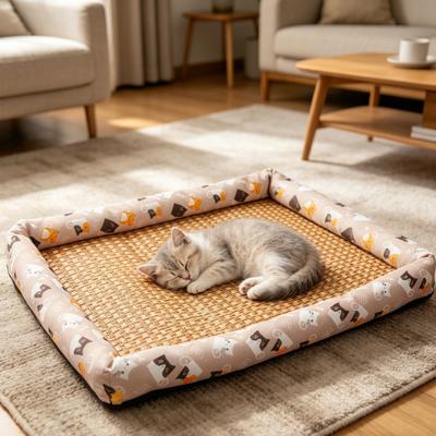 Haustier Kühlmatte Sommer Kühlende Hundebett Matte Waschbar Kühlende Rattan Matte mit Erhöhtem Rand Rutschfester Boden für Katzen und Hunde