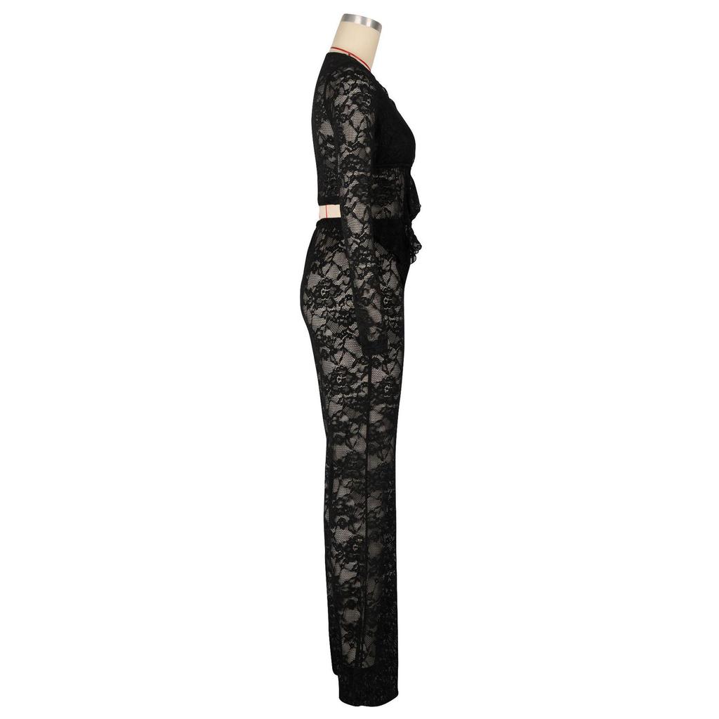 AL311 Women's Sexy Lace Flocking See-through Two-piece Set for Nightclub & Party