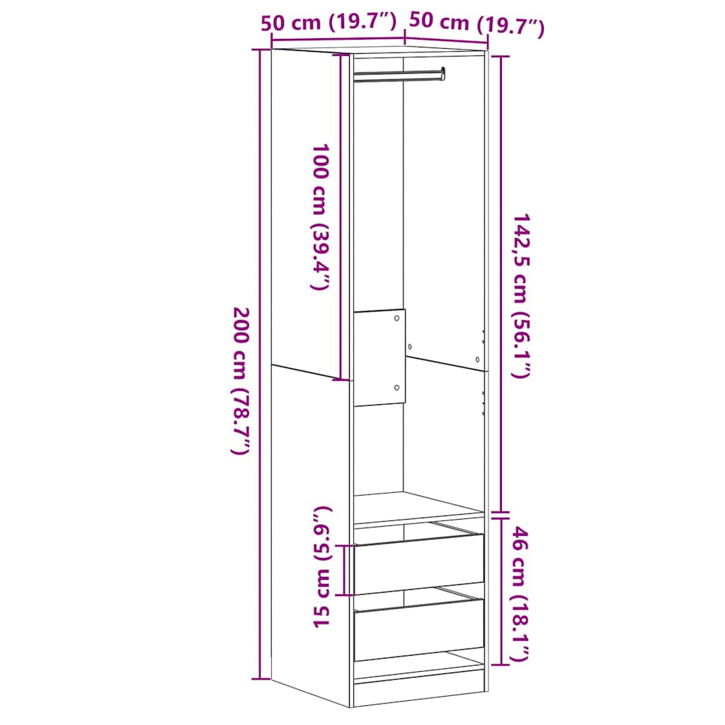 Wardrobe with Shelf Black Oak Effect 50 x 50 x 200 cm