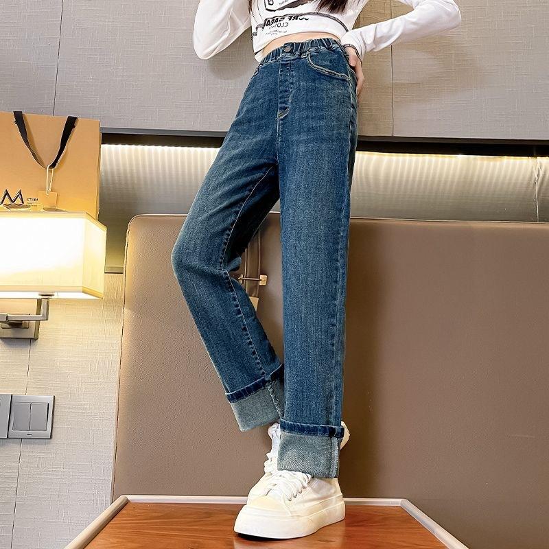 

Девочки Осень и Зима Джинсы Корейские Плюс Бархат Теплые Брюки Девочки Модные Прямые Брюки 110