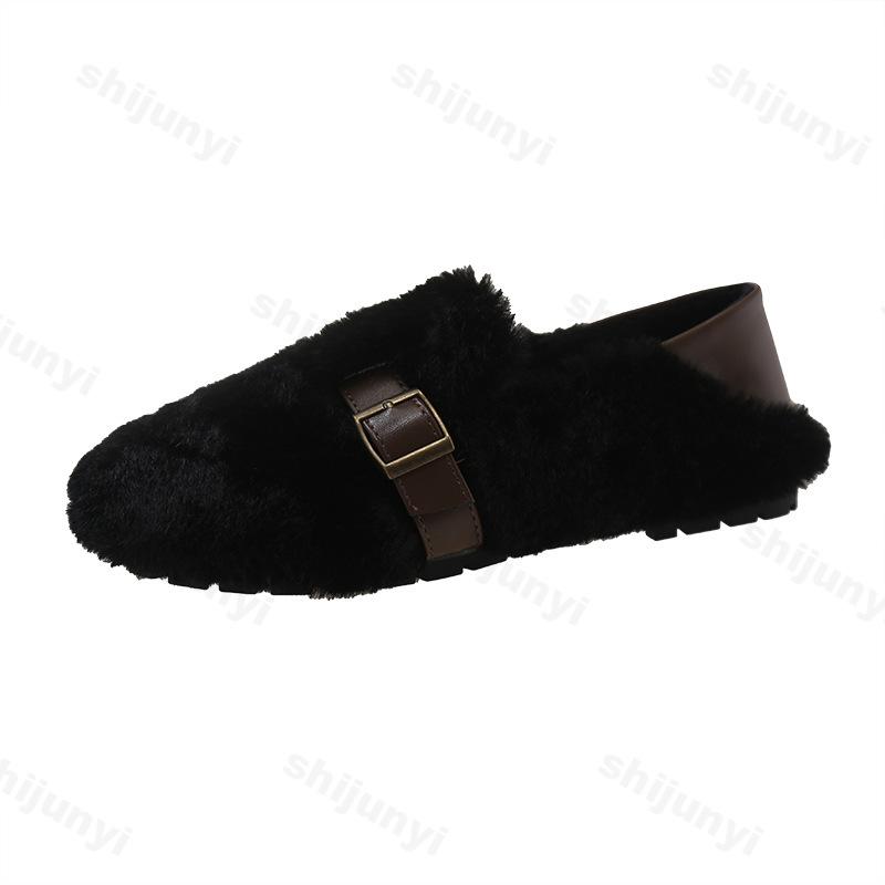 Mode Outdoor Damen Winter Baumwollschuhe 2024 Neu Damen Warme Plüsch Flauschige Pelzige Slipper Damen Slip-On Pelz Flache Schuhe Zapatos De Mujer