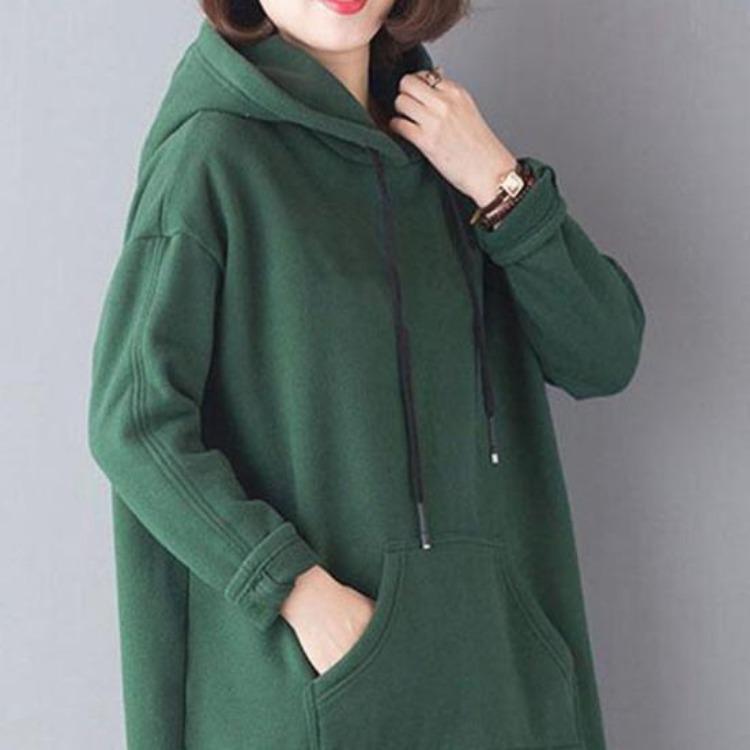 Damen Lockerer Dicke Hoodie Einfarbige Herbst Winter Plüsch Pullover mit Großer Tasche Kordelzug Geschlitzter Saum Knielang Tägliches Oberteil
