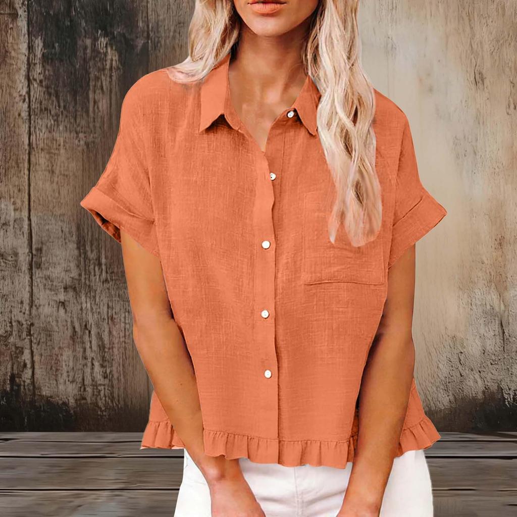 Women's Fashionable Loose-Fit Casual Shirt Button-Up Short-Sleeve Cotton-Linen Blend Top