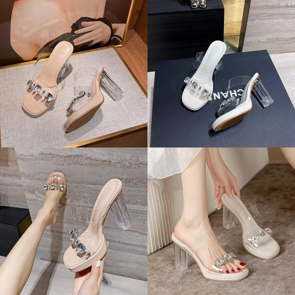 French Transparent High Heel Crystal Sandals With Pu Material For Elegant Summer Wear