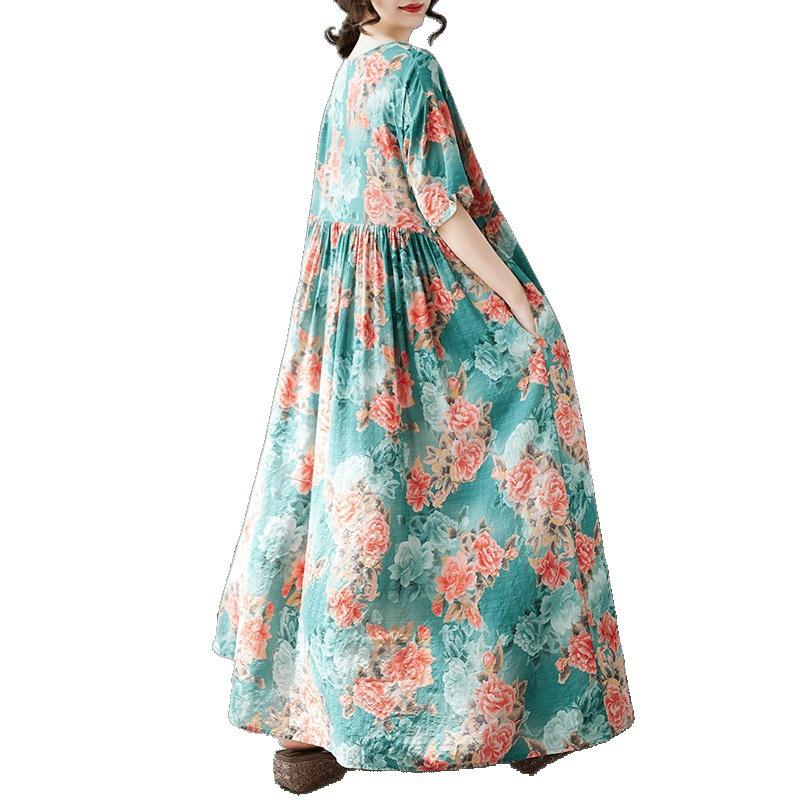 Summer new simple bohemian long dress fattened and enlarged short-sleeved crew neck printed dress women's clothing