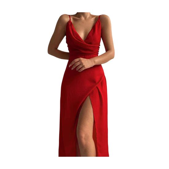 Womens Sleeveless V Neck Bodycon Dress Sexy Spaghetti Strap High Slit Ruched Midi Dress Cocktail Party Wedding Guest Dress