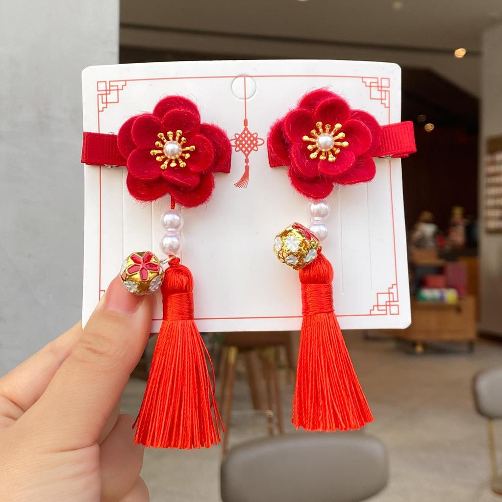 New Year Red Hair Accessories for Girls - Festive Tassel Clips, Chinese Hanfu Style