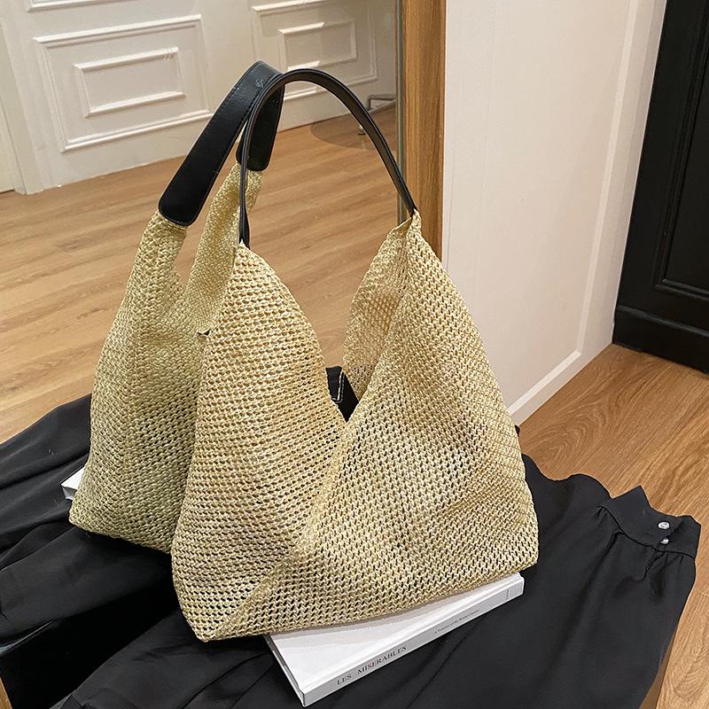 

Hand-woven versatile simple retro tote bag women s beach vacation pastoral fashion large capacity shoulder bag чёрный
