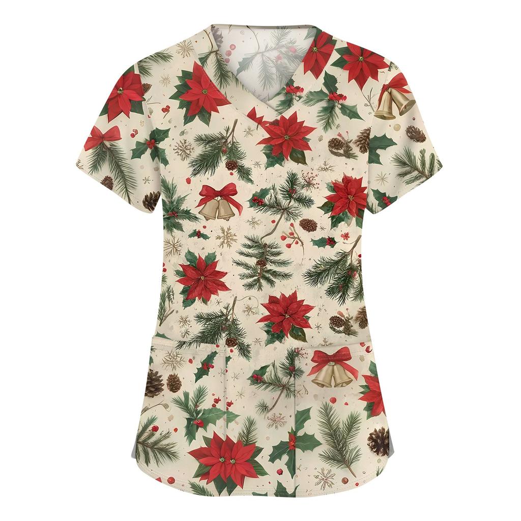 Women's Fashion V-neck Short Sleeve Workwear With Pockets Christmas Printed Tops