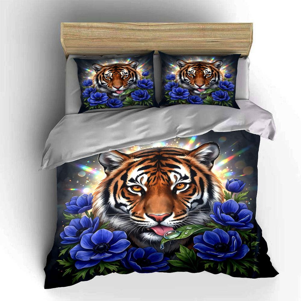 Tiger with Blue Flowers Art Bedding Duvet Cover Set (1*Duvet Cover 2*Pillowcases, Without Duvet Insert)