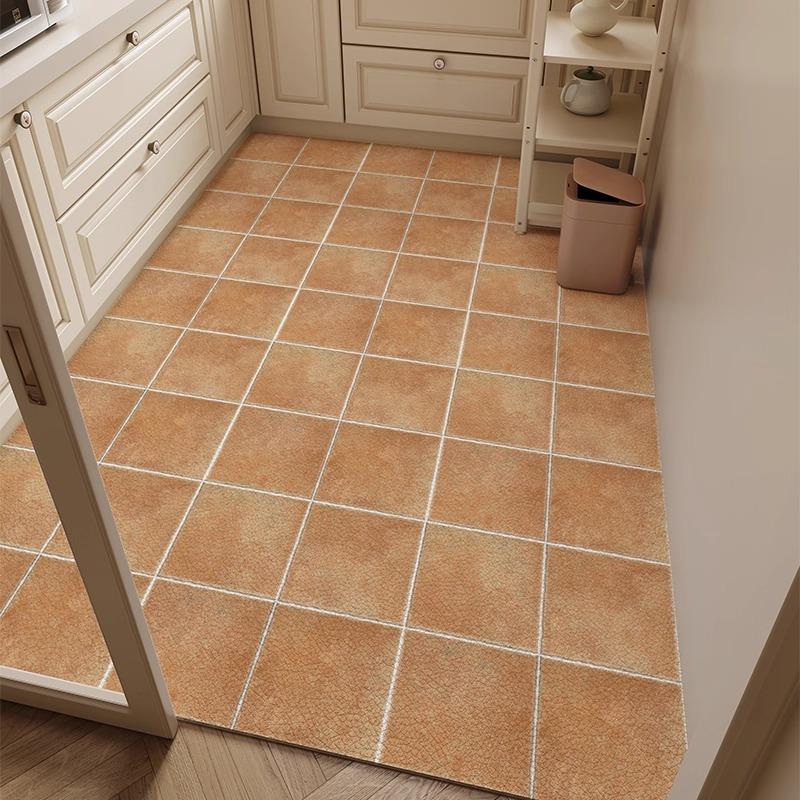 Retro Plaid Kitchen Floor Mat Oil-proof Waterproof PVC Leather Carpet Fashionable Home Decoration Free-cut Balcony Rugs Alfombra