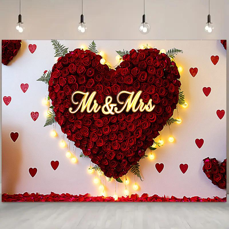 Mr & Mrs Wedding Backdrop with Red Rose Heart Design,Photo Background,Wall Decor,Party Supplies,Anniversary Backdrop,Reusable Wedding Decor