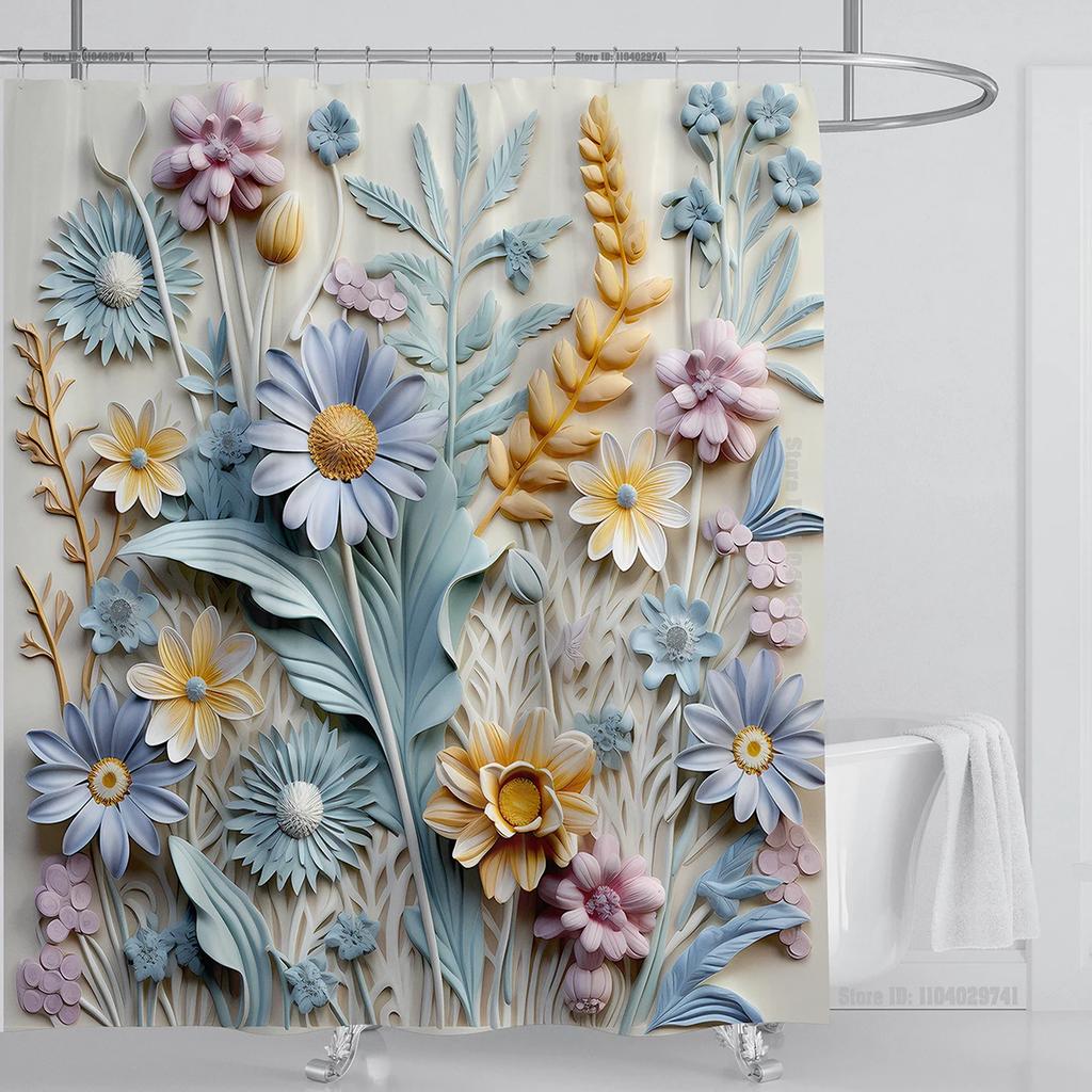 3D Floral Shower Curtain Set Orange Flower Design Fabric Bathroom Decor Waterproof Washable Shower Curtain Set With Hooks