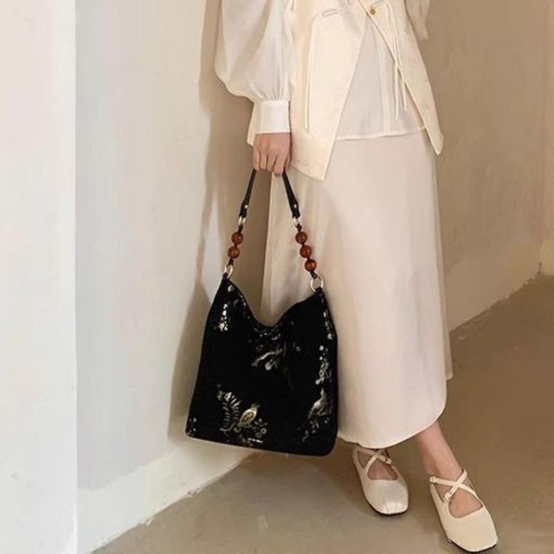 Chinese Style Embroidered Commuter Underarm Purse Latest Large Capacity New Chinese Style Shoulder Bag Literary Ancient Style Tote Bag