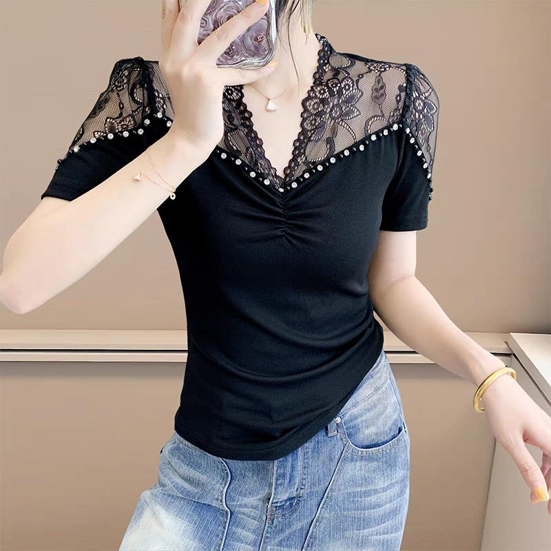 

Летняя эластичная футболка с V-образным вырезом, ажурной вставкой, сеткой, женская, сексуальная, с открытыми плечами, модная, шикарная, с бисером и бриллиантами 3XL чёрный