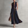 2026 Women's Color Block Sleeveless Stand Collar Cotton Linen Dress