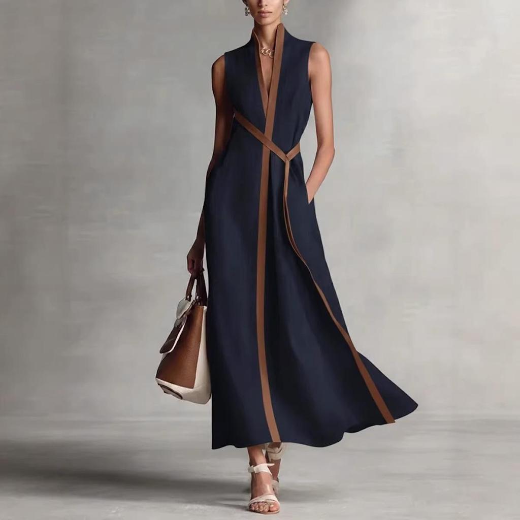 2026 Women's Color Block Sleeveless Stand Collar Cotton Linen Dress