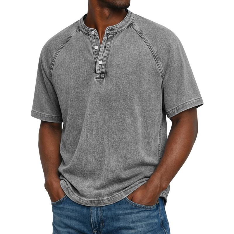 Men's Light Blue Denim Henley Short Sleeve Shirt