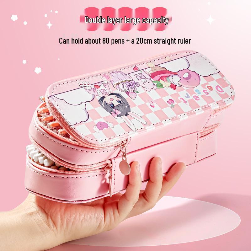 Large Capacity Double Layer Pencil Case - Cute, Stylish Canvas Stationery Box for School Students