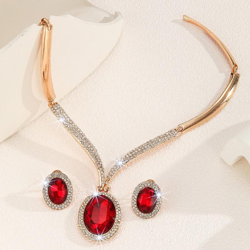 Gold Zinc Alloy Inlaid White Rhinestone Red Crystal Necklace and Earrings Set - Women's Jewelry