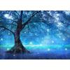 2D Verzauberter Wald Wandteppich Blauer Magischer Baum mit Leuchtenden Partikeln Wandkunst