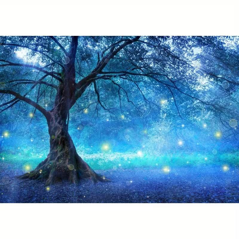 

2D Enchanted Forest Tapestry Blue Magic Tree with Glowing Particles Wall Art 47.2x31.5inch/120*80cm