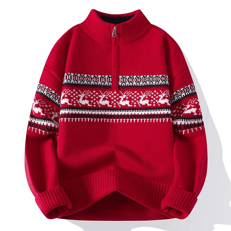 

уютный мужской пуловер с четвертью молнии, повседневный трикотажный свитер-поло на молнии, женский, мужской, унисекс, парные рождественские уродливые свитера 4XL красный